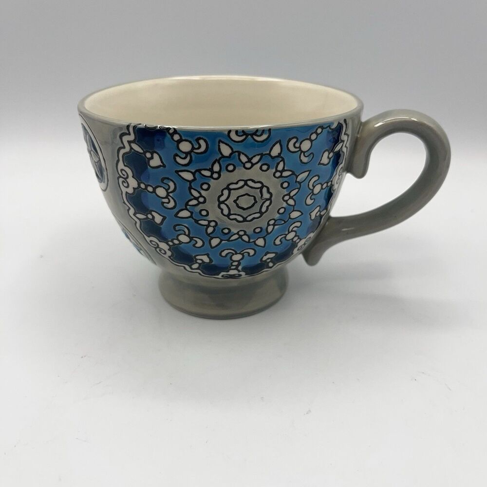 Dutch Wax Mug Coastline Collection Textured Gray Blue Medallion Footed